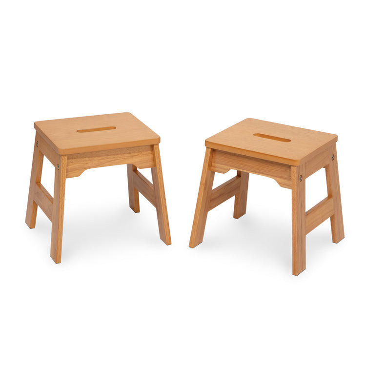 The loose pieces of The Melissa & Doug Wooden Stools – Set of 2 Stackable, Portable 11-Inch-Tall Stools (Natural)