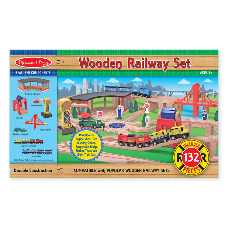 The front of the box for The Melissa & Doug Deluxe Wooden Railway Train Set (130+ pcs)