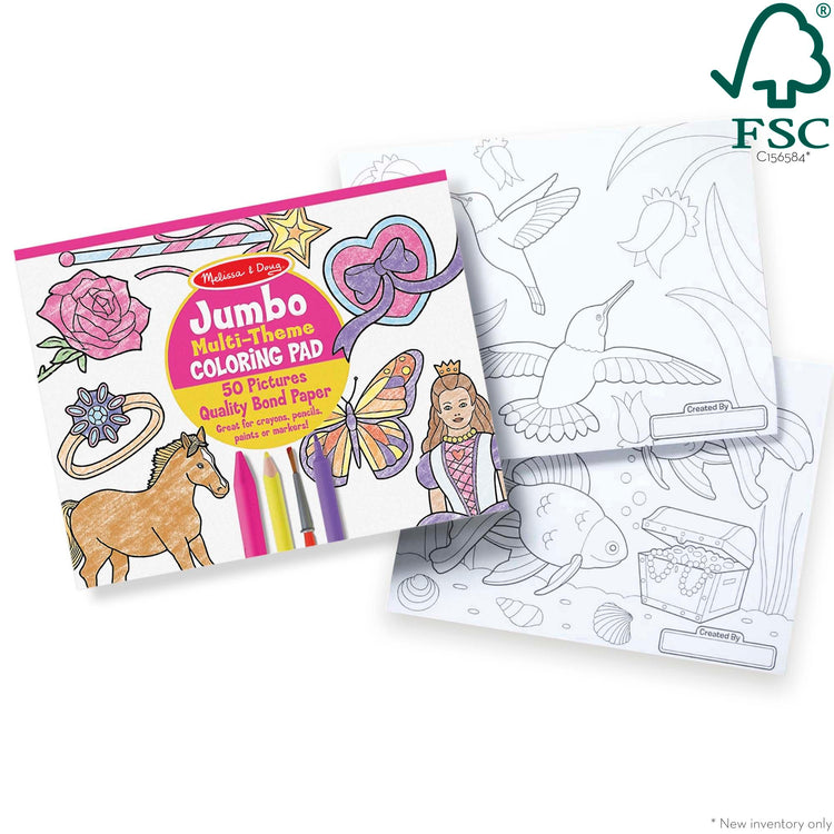 The front of the box for The Melissa & Doug Jumbo 50-Page Kids' Coloring Pad - Horses, Hearts, Flowers, and More