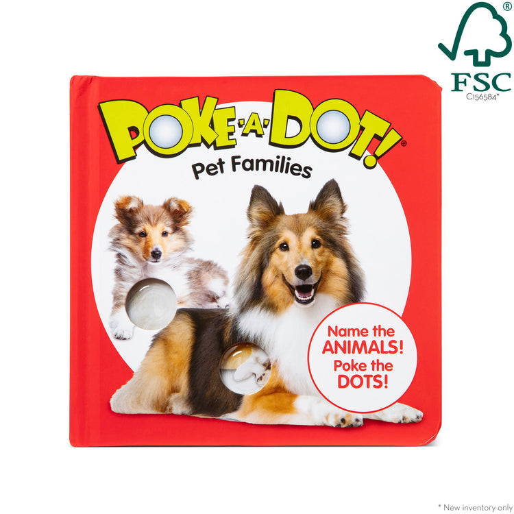 The front of the box for The Melissa & Doug Children’s Book – Poke-a-Dot: Pet Families (Board Book with Buttons to Pop)