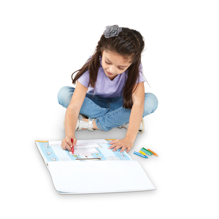 A child on white background with The Melissa & Doug Playmats Food Fun Take-Along Paper Coloring And Learning Activity Pads (24 Pages)