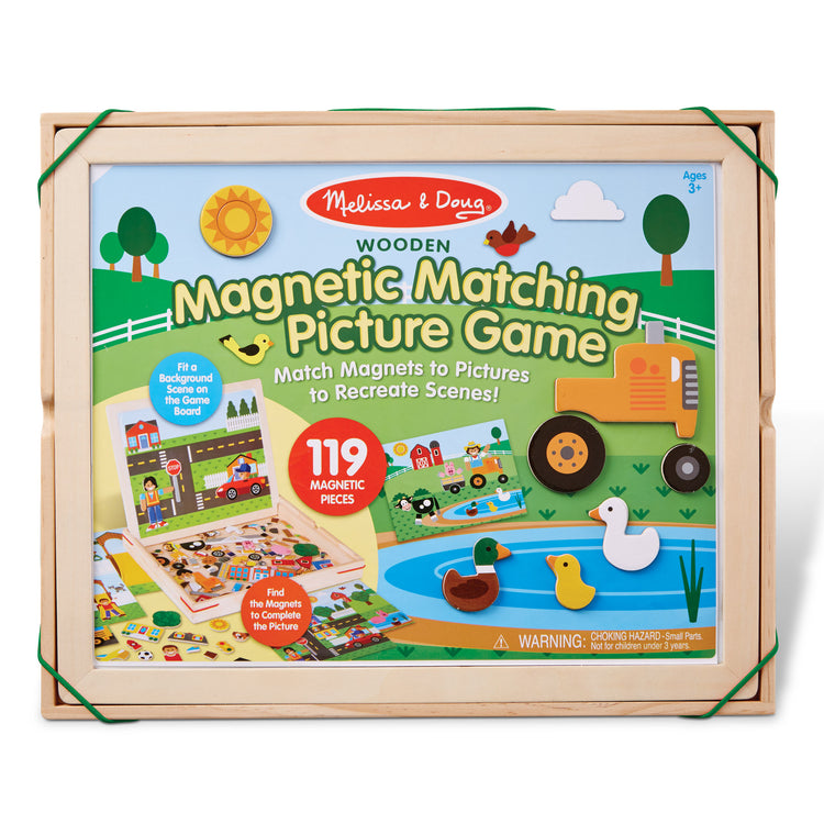 The front of the box for The Melissa & Doug Wooden Magnetic Matching Picture Game With 119 Magnets and Scene Cards