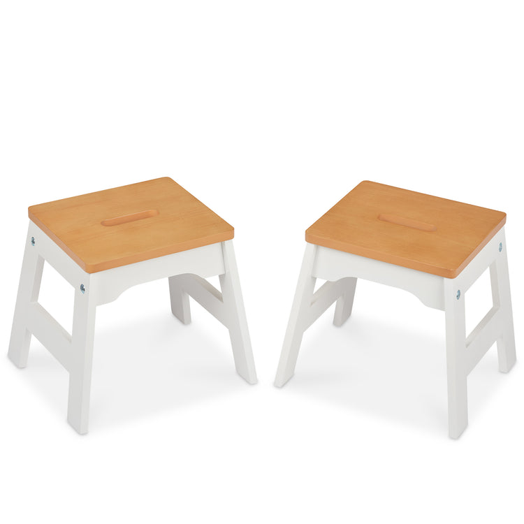 The loose pieces of The Melissa & Doug Wooden Stools – Set of 2 Stackable, Portable 11-Inch-Tall Stools (Natural/White)