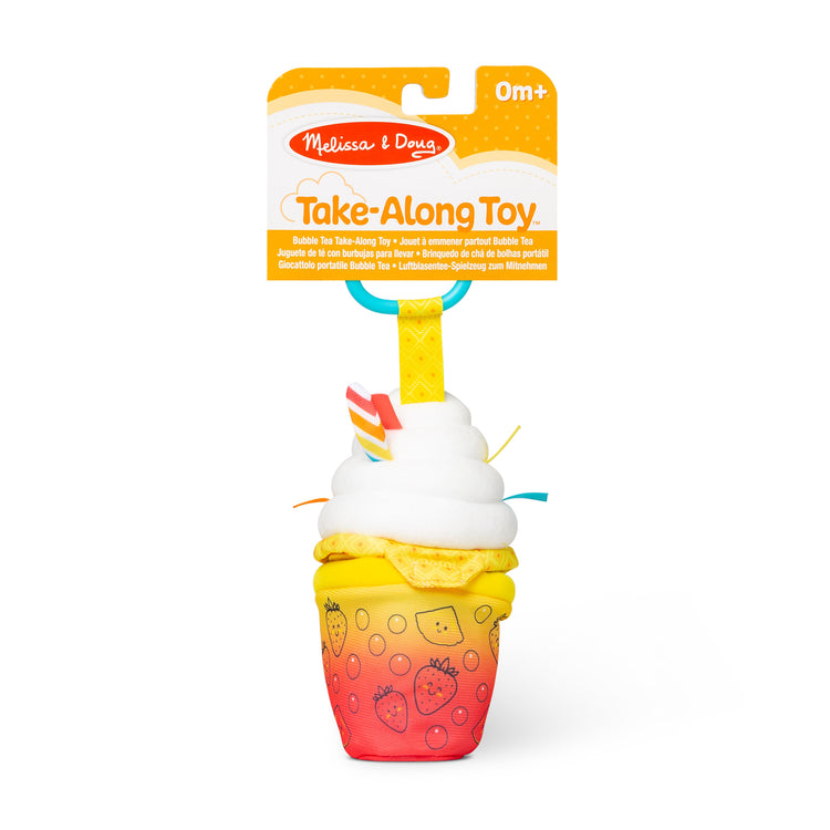 The front of the box for The Melissa & Doug Multi-Sensory Bubble Tea Take-Along Clip-On Infant Toy