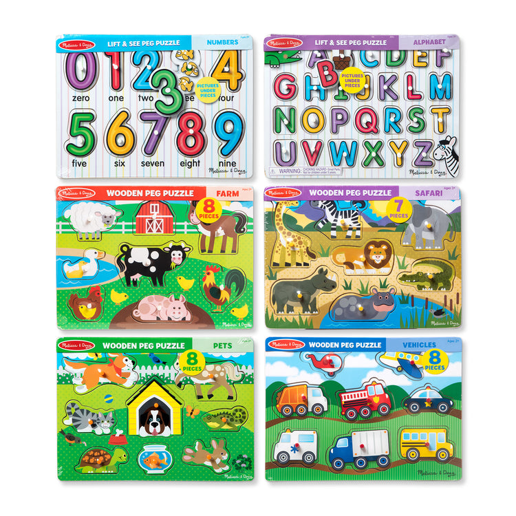  The Melissa & Doug Wooden Peg Puzzle 6-Pack – Numbers, Letters, 3 Animals, Vehicles