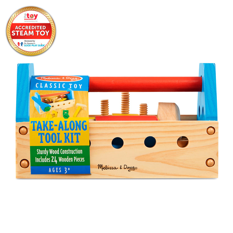 The front of the box for The Melissa & Doug Take-Along Tool Kit Wooden Construction Toy (24 pcs)