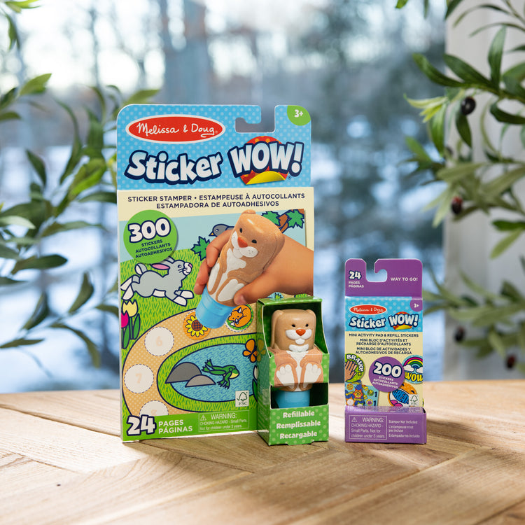 A playroom scene with The Melissa & Doug Sticker WOW!™ Bunny Bundle: 24-Page Activity Pad, Sticker Stamper, 500 Stickers, Mini Pad, Arts and Crafts Fidget Toy Collectible Character