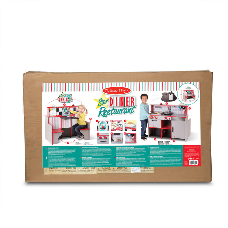 The front of the box for The Melissa & Doug Double-Sided Wooden Star Diner Restaurant Play Space