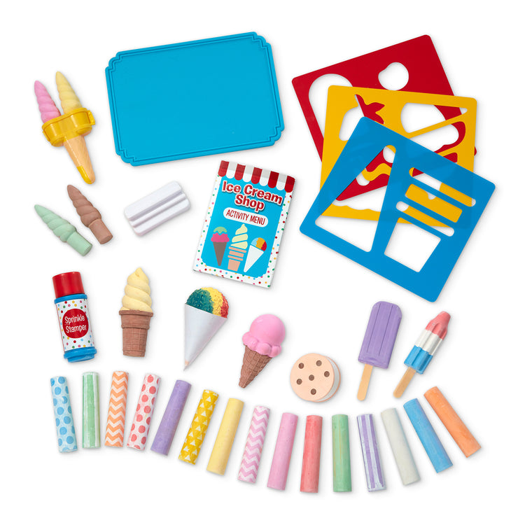 A kid playing with The Melissa & Doug Ice Cream Shop Multi-Colored Chalk and Holders Play Set - 33 Pieces, Great Gift for Girls and Boys