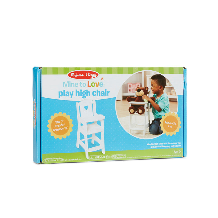 The front of the box for The Melissa & Doug Mine to Love Wooden Play High Chair for Dolls, Stuffed Animals - White (18”H x 8”W x 11”D Assembled)