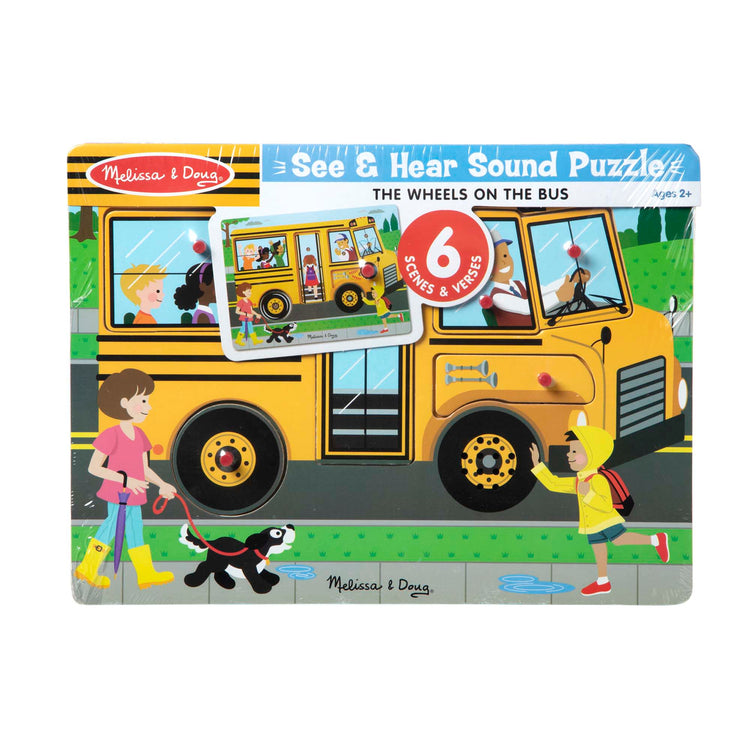 The front of the box for The Melissa & Doug The Wheels on the Bus Sound Puzzle
