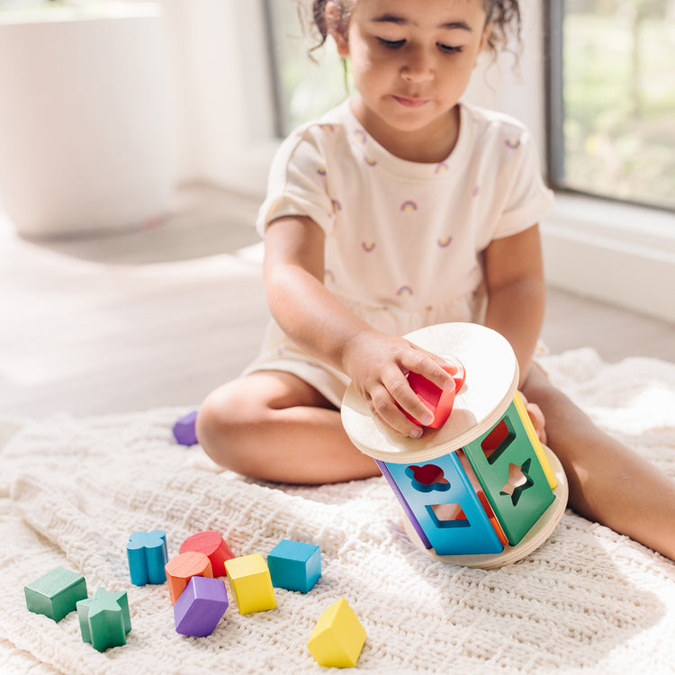 A kid playing with The Melissa & Doug Match and Roll Wooden Shape Sorter Skill-Building Learning Toy With 13 Pcs