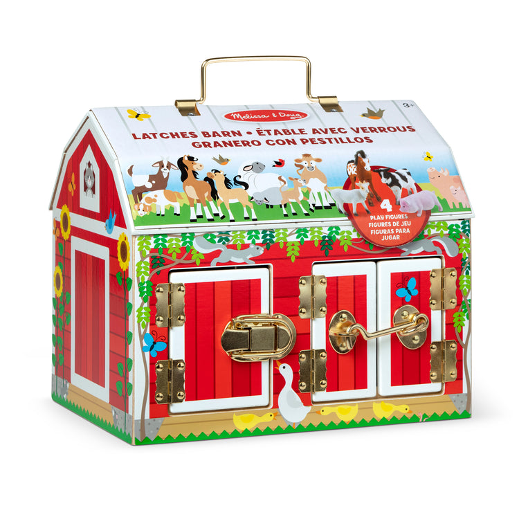 The front of the box for The Melissa & Doug Latches Wooden Activity Barn with 5 Doors, 4 Play Figure Farm Animals