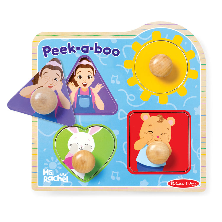 The front of the box for The Melissa & Doug® Ms. Rachel™ Wooden Peek-a-Boo Jumbo Peg Puzzle, 4-Piece with Mirror, Toddler Toys for Boys and Girls Ages 1+ Years

