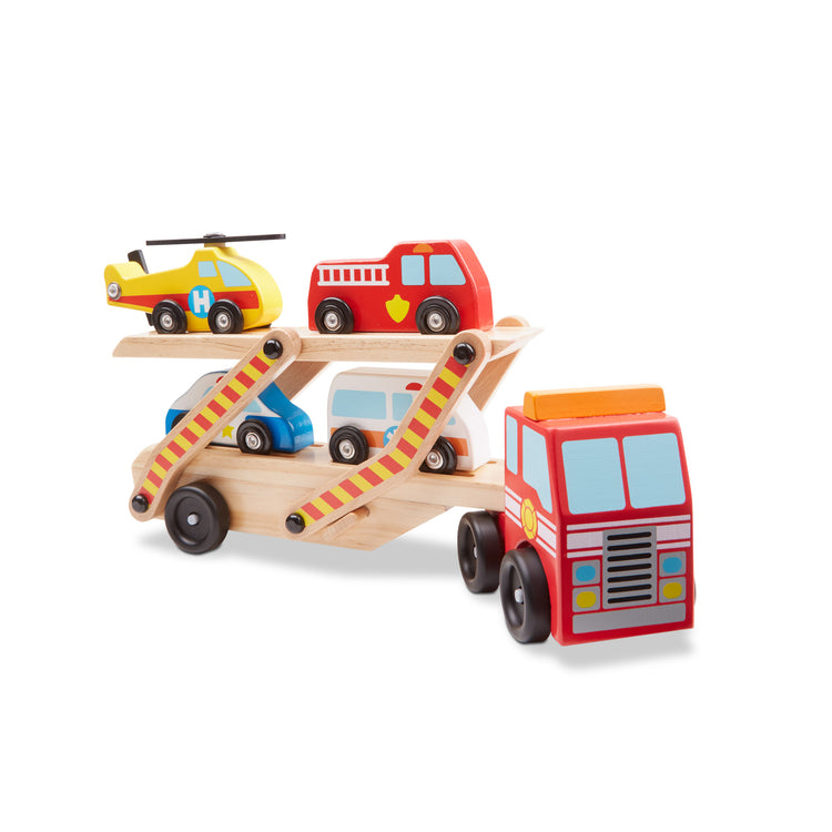 An assembled or decorated image of The Melissa & Doug Emergency Vehicle Carrier Wooden Truck With 4 Rescue Vehicles