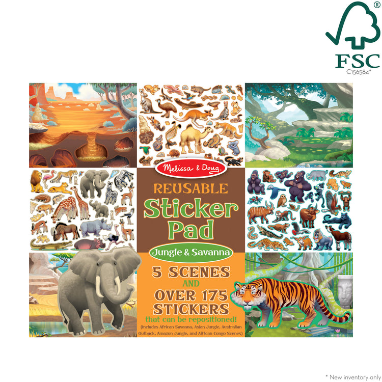 The front of the box for The Melissa & Doug Reusable Sticker Pad: Jungle and Savanna - 175+ Stickers, 5 Scenes