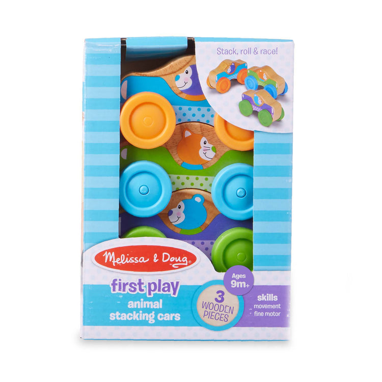 The front of the box for The Melissa & Doug First Play Wooden Animal Stacking Cars (3 pcs)