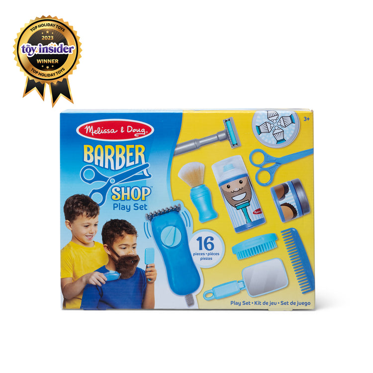 The front of the box for The Melissa & Doug Barber Shop Pretend Play Set Shaving Toy for Boys and Girls Ages 3+