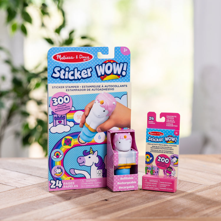 A playroom scene with The Melissa & Doug Sticker WOW!™ Unicorn Bundle: 24-Page Activity Pad, Sticker Stamper, 500 Stickers, Arts and Crafts Fidget Toy Collectible Character