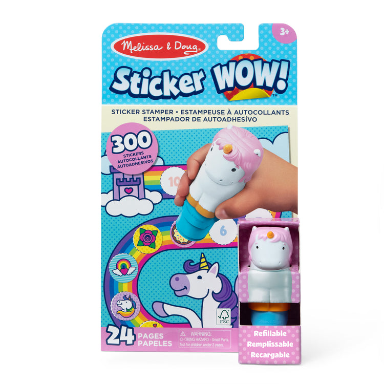 The front of the box for The Melissa & Doug Sticker WOW!™ 24-Page Activity Pad and Sticker Stamper, 300 Stickers, Arts and Crafts Fidget Toy Collectible Character – Unicorn