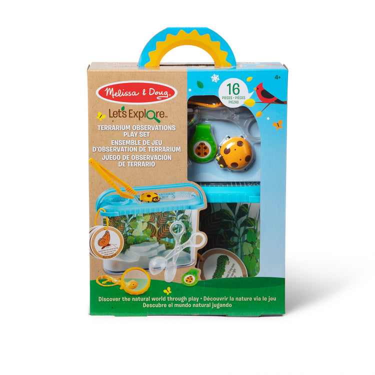 The front of the box for The Melissa & Doug Let’s Explore Terrarium Observations Play Set (16 Pieces)