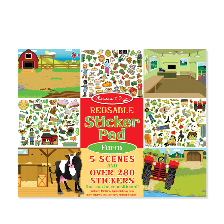 The front of the box for The Melissa & Doug Reusable Sticker Pad: Farm - 280+ Stickers, 5 Scenes