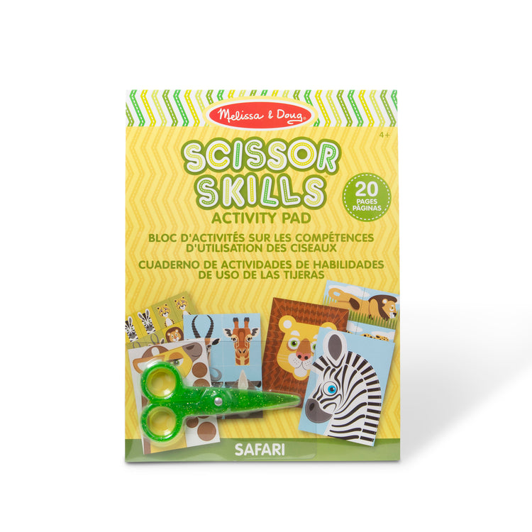 The front of the box for The Melissa & Doug Safari Scissor Skills Activity Pad with Child-Safe Scissors – 20 Pages