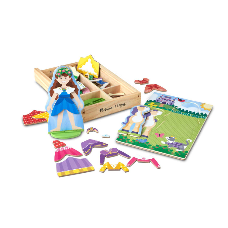 The loose pieces of The Melissa & Doug Princess & Horse Magnetic Pretend Play Wooden Dolls Pretend Play Set (35 pcs)