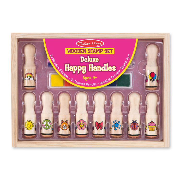 The front of the box for The Melissa & Doug Deluxe Happy Handle Stamp Set With 10 Stamps, 5 Colored Pencils, and 6-Color Washable Ink Pad