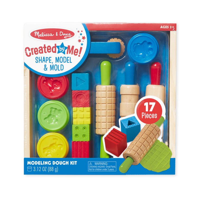 The front of the box for The Melissa & Doug Shape, Model, and Mold Craft Activity Set - 4 Tubs of Modeling Dough and Tools