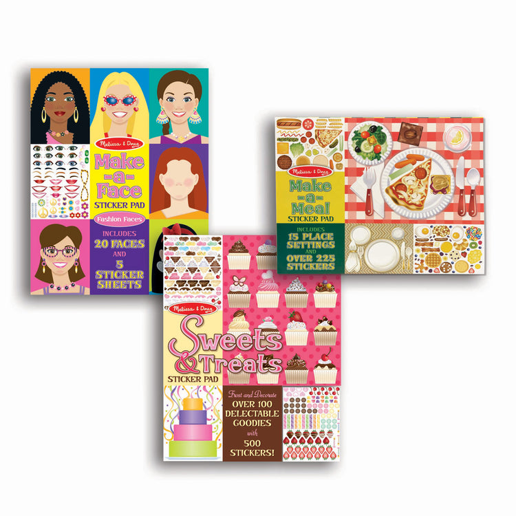 The front of the box for The Melissa & Doug Sticker Pads 3-Pack - Sweets and Treats, Make-a-Face Fashion, and Make-a-Meal