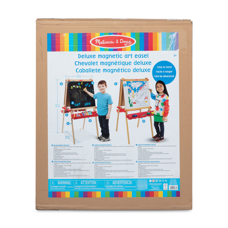 The front of the box for The Melissa & Doug Deluxe Magnetic Standing Art Easel With Chalkboard, Dry-Erase Board, and 39 Letter and Number Magnets