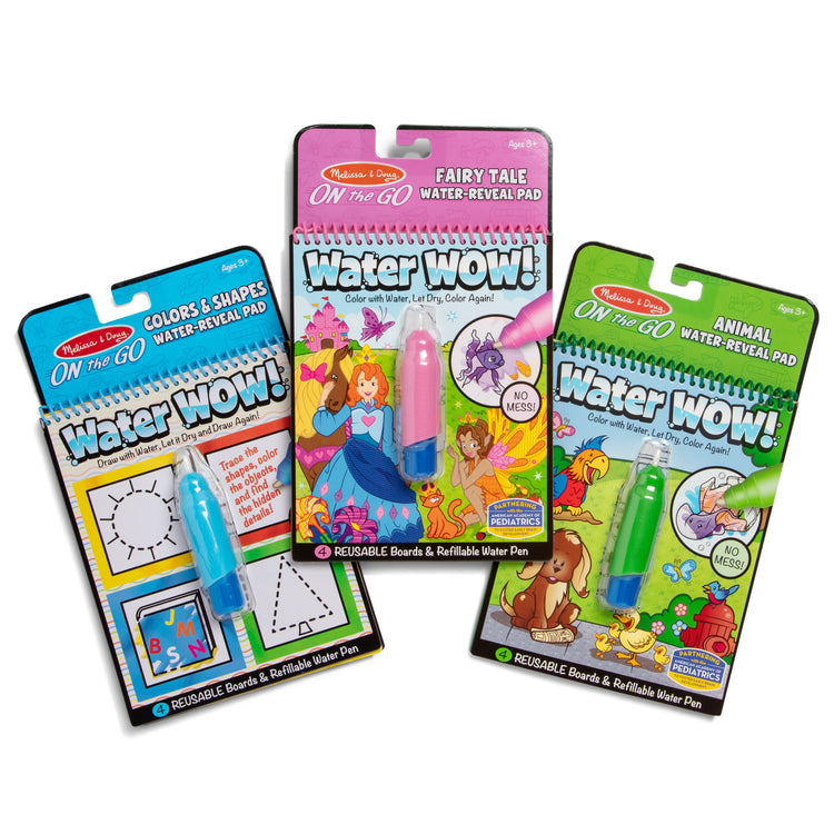 The front of the box for The Melissa & Doug On the Go Water Wow! Reusable Water-Reveal Activity Pads, 3-pk, Colors and Shapes, Fairy Tales, Animals