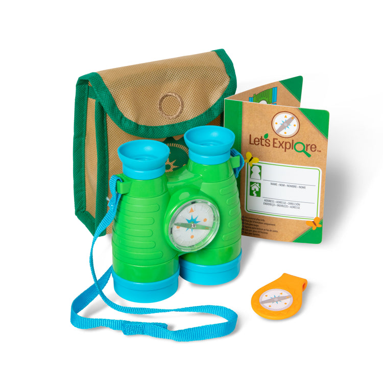 The loose pieces of The Melissa & Doug Let's Explore Binoculars & Compass Play Set
