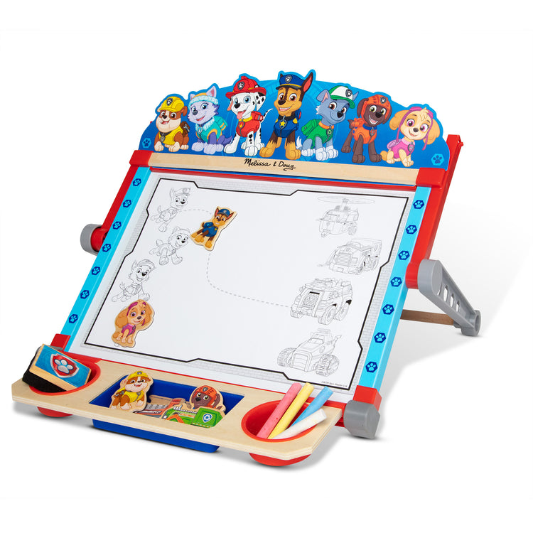 An assembled or decorated image of The Melissa & Doug PAW Patrol Wooden Double-Sided Tabletop Art Center Easel (33 Pieces)