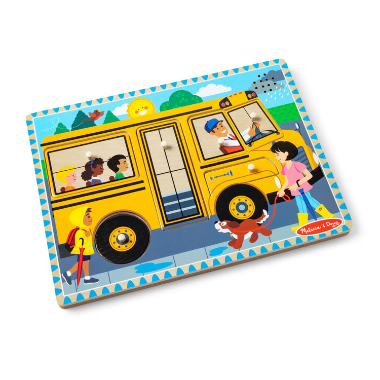 The loose pieces of The Melissa & Doug The Wheels on the Bus Sound Puzzle