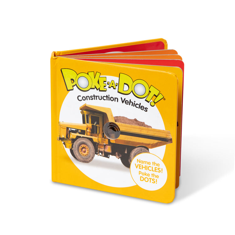 The front of the box for The Melissa & Doug Children’s Book – Poke-a-Dot: Construction Vehicles (Board Book with Buttons to Pop)