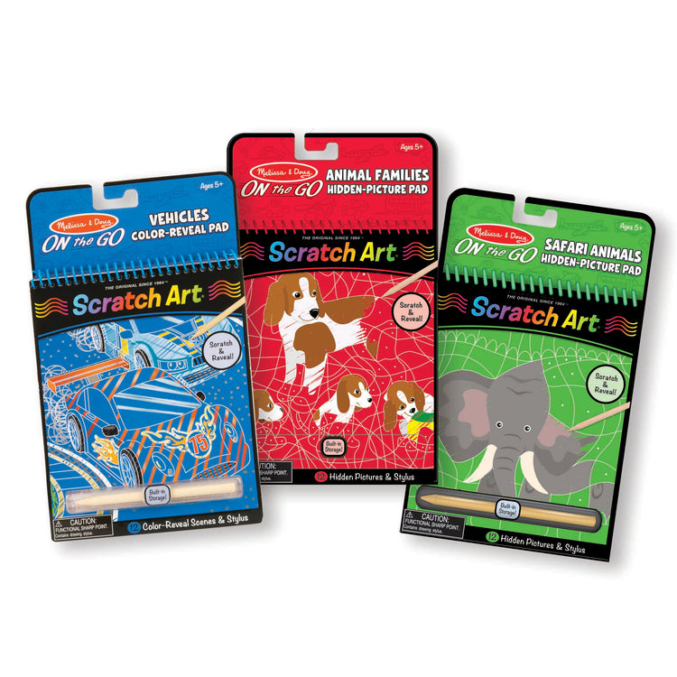  The Melissa & Doug On the Go Scratch Art Activity Books 3-Pack - Safari Animals, Animal Families, Vehicles