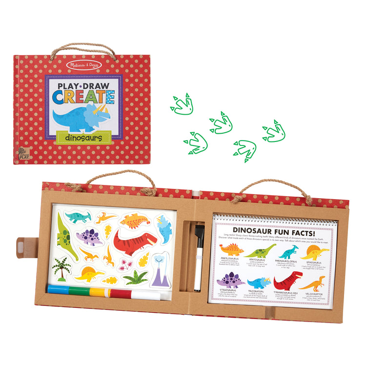 The loose pieces of The Melissa & Doug Natural Play: Play, Draw, Create Dinosaurs Drawing Activity Set & Magnet Kit - Reusable Mess-Free Travel Activity