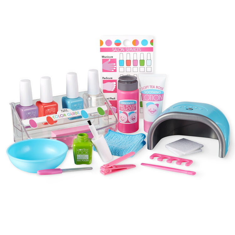 The front of the box for The Melissa & Doug Love Your Look Pretend Nail Care Play Set – 22 Pieces for Mess-Free Play Mani-Pedis (DOES NOT CONTAIN REAL COSMETICS)