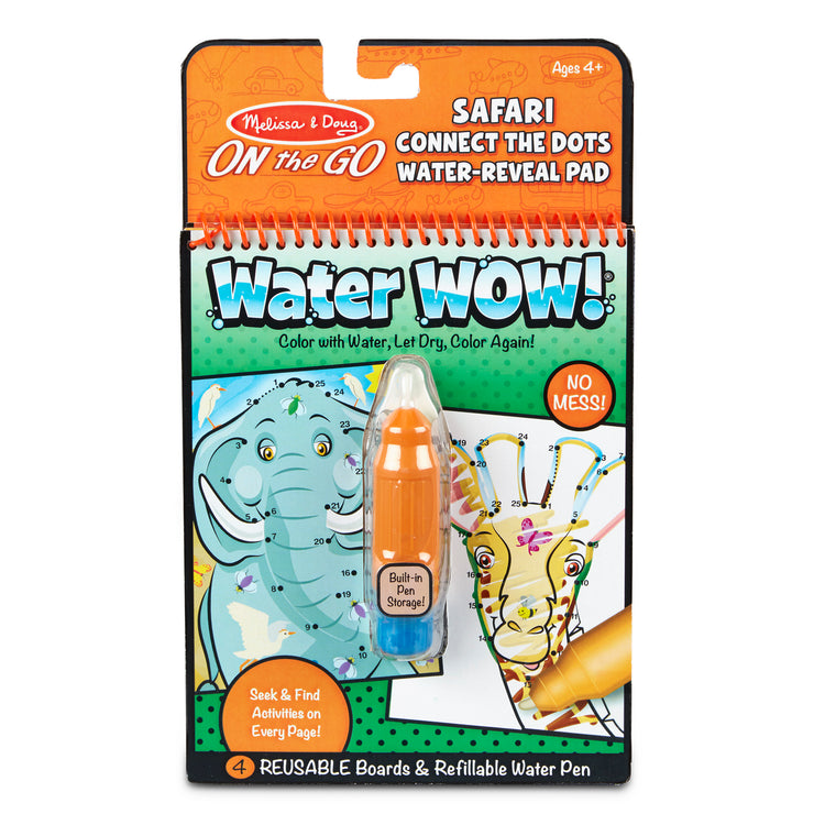 The front of the box for The Melissa & Doug On the Go Water Wow! Reusable Water-Reveal Connect the Dots Activity Pad – Safari