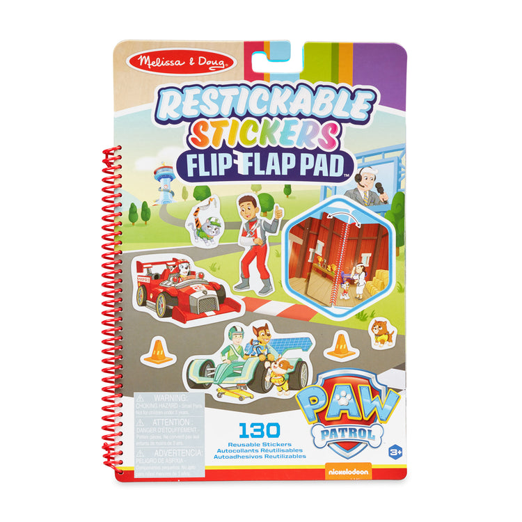 The front of the box for The Melissa & Doug PAW Patrol Restickable Stickers Flip-Flap Pad - Classic Missions (130 Reusable Stickers)