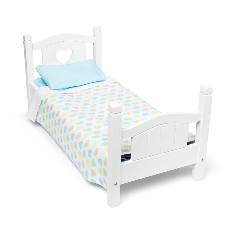 The loose pieces of The Melissa & Doug Mine to Love Wooden Play Bed for Dolls, Stuffed Animals - White (8.7”H x 9.1”W x 20.7”L Assembled)