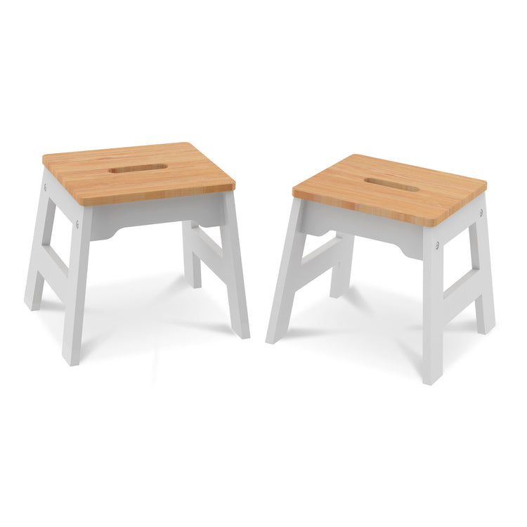 The loose pieces of The Melissa & Doug Wooden Stools – Set of 2 Stackable, Portable 11-Inch-Tall Stools (Natural/White)