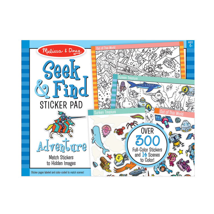 The front of the box for The Melissa & Doug Seek and Find Sticker Pad – Adventure (400+ Stickers, 14 Scenes to Color)
