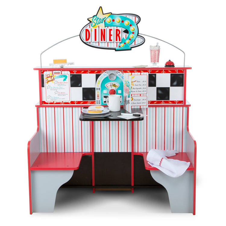 An assembled or decorated image of The Melissa & Doug Double-Sided Wooden Star Diner Restaurant Play Space