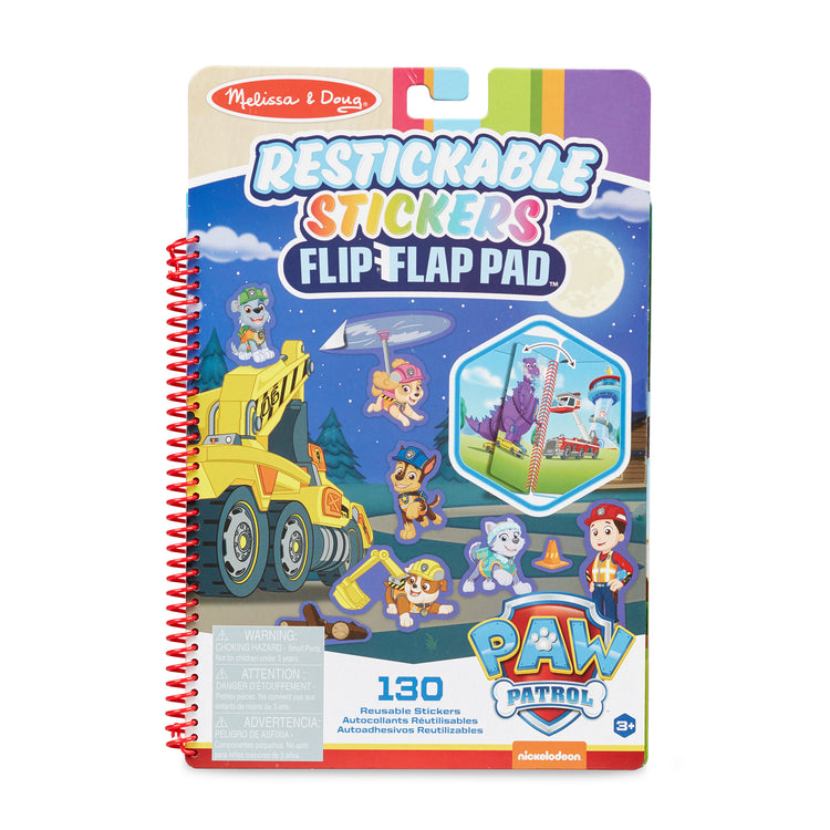 The front of the box for The Melissa & Doug PAW Patrol Restickable Stickers Flip-Flap Pad - Ultimate Rescue (130 Reusable Stickers)