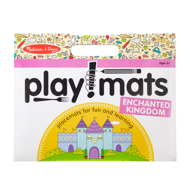The front of the box for The Melissa & Doug Playmats Enchanted Kingdom Take-Along Paper Coloring And Learning Activity Pads (24 Pages)