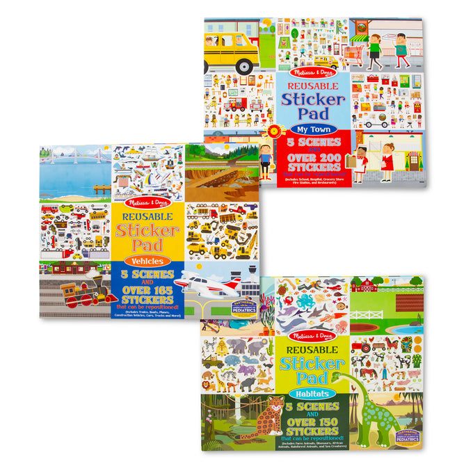 Reusable Sticker Pad 3-Pack: Habitats, Vehicles, Town