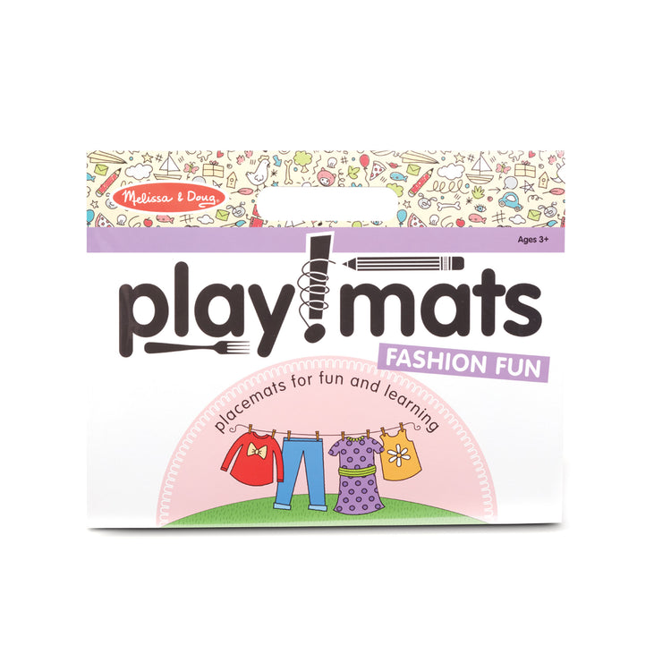 The front of the box for The Melissa & Doug Playmats Fashion Fun Take-Along Paper Coloring And Learning Activity Pads (24 Pages)